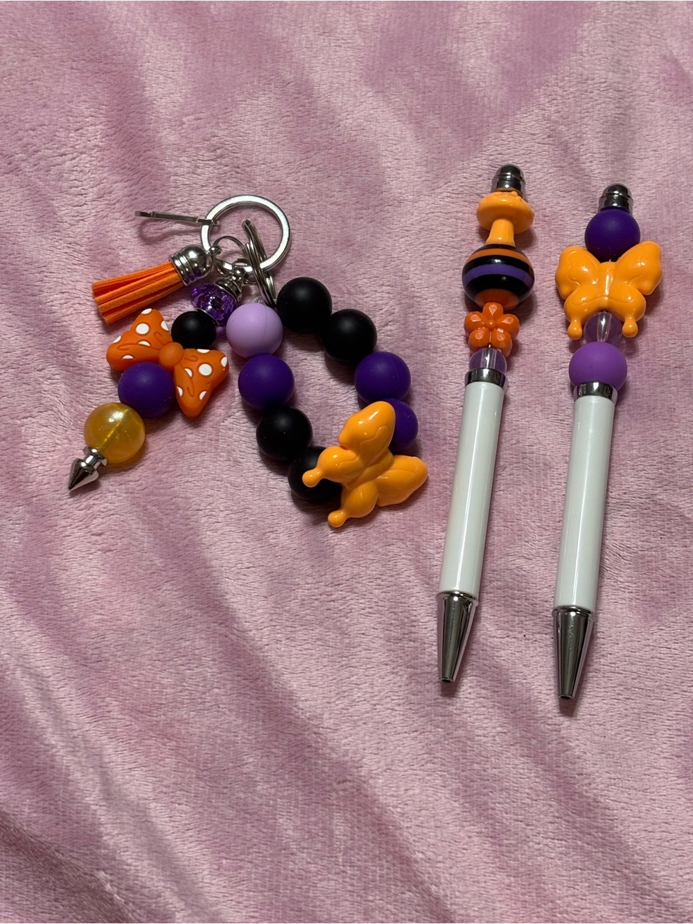 Beaded Pens and Key Ring set Purple Orange Butterfly
